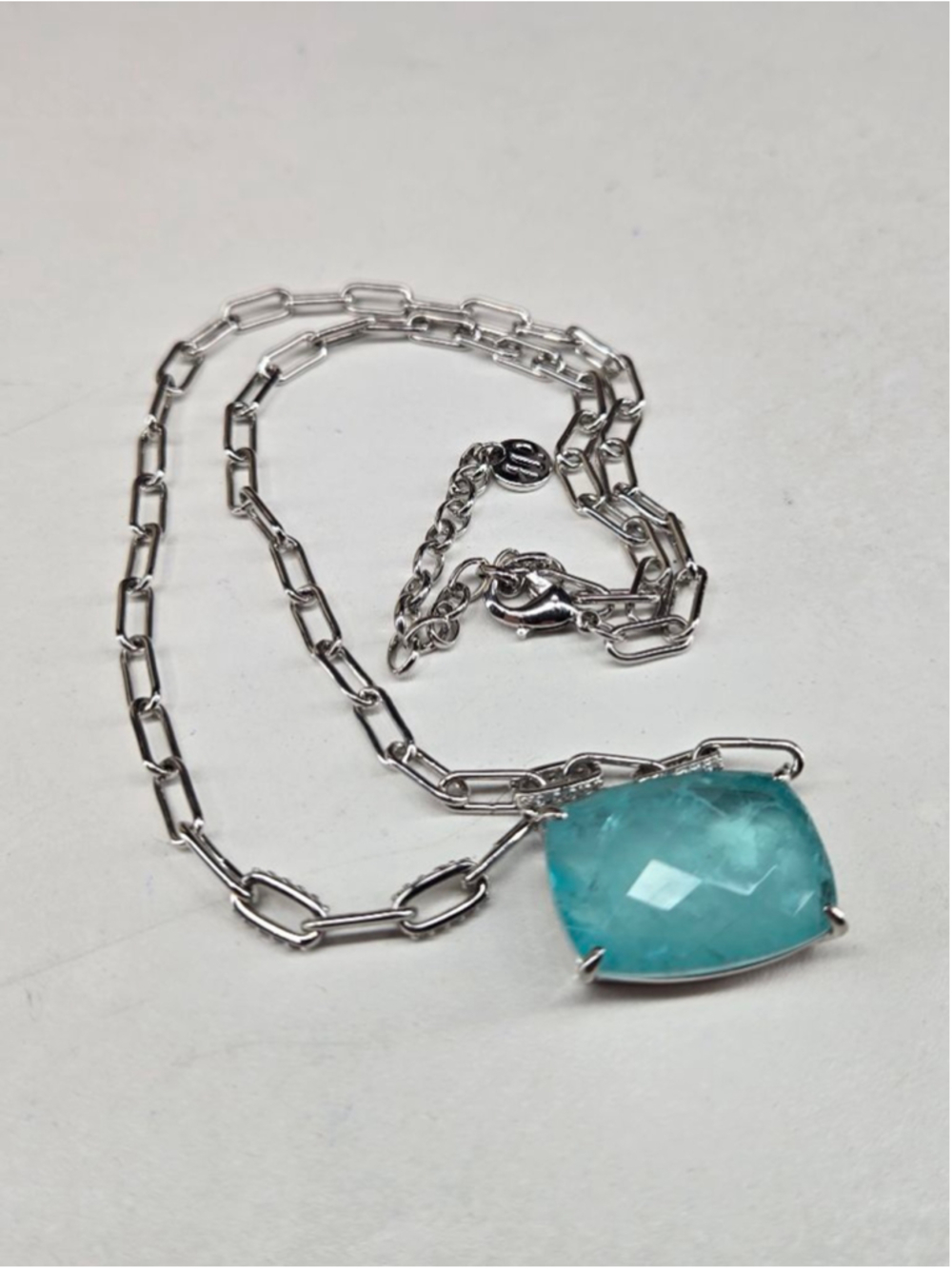 Bomb Party Necklace Blue Aragonite Pendant Rhodium Silvertone Paperclip Chain - Picture 10 of 10